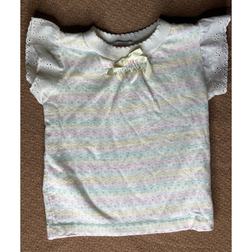 Vintage Health-tex Kids Pastel Floral Knit Top Eyelet Flutter Sleeve 24M USA